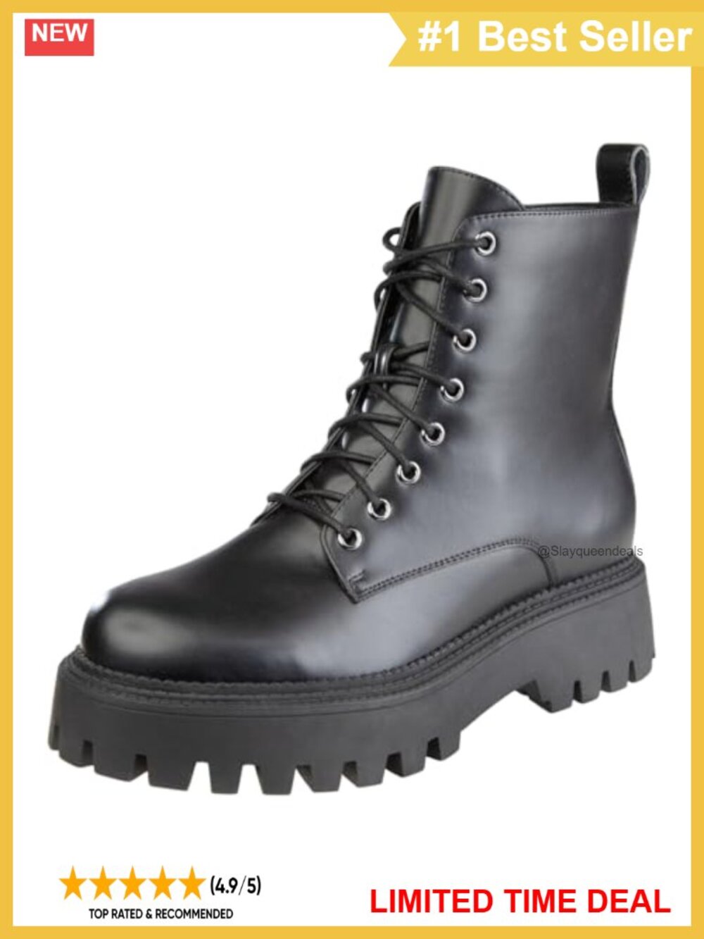 Combat Boot Low Heel Lace-Up Faux Leather Lug Sole Casual